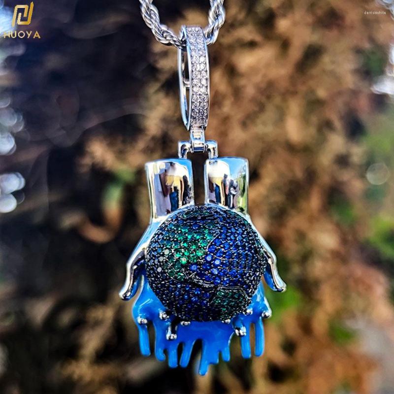 

Pendant Necklaces Nuoya Iced Out CZ Environmental Protection Earth Jewelry Men's Hip Hop Blue Pendants Necklace