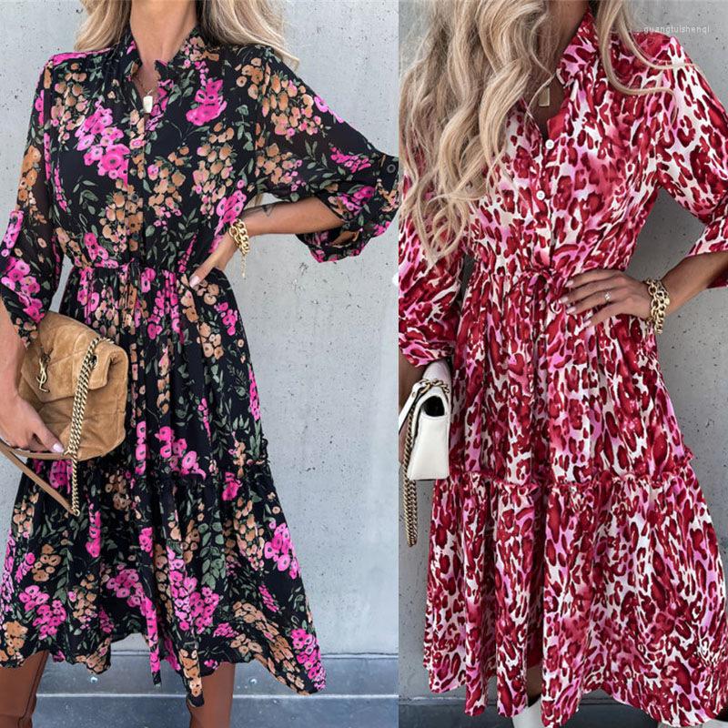 

Casual Dresses 2022 Fall Elegant V Neck Long Shirt Dress Sleeve Lace-Up Women Party Red Floral Print Loose Boho Beach, Black