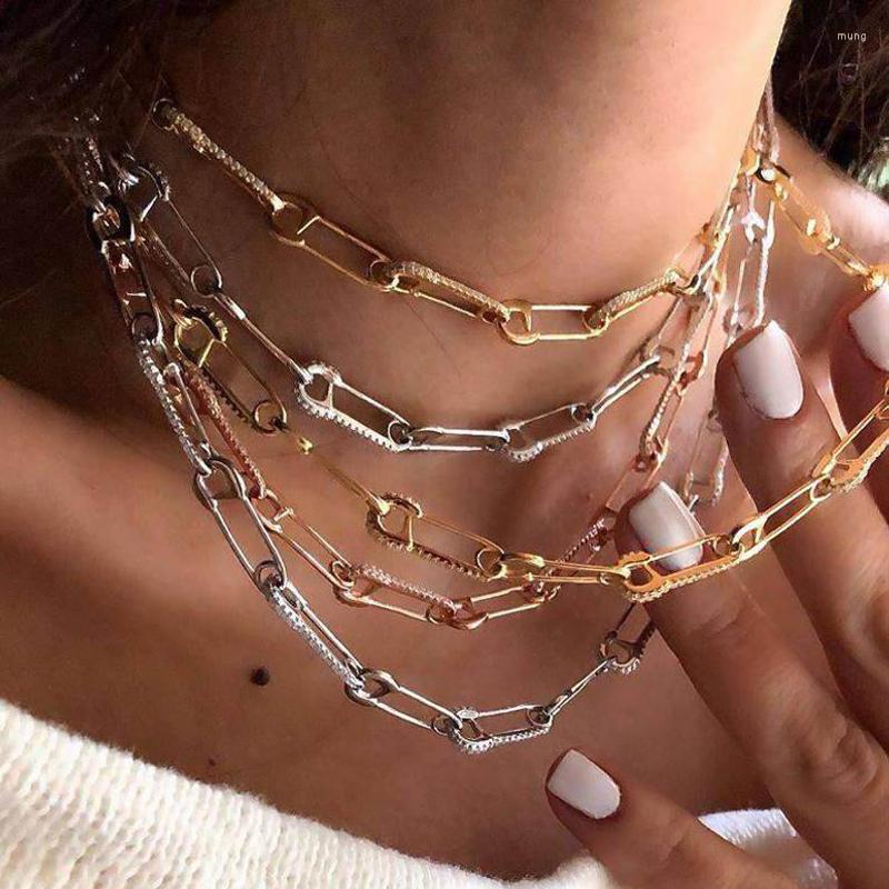 

Chains Unique Women Cloth Pin Shape Chain Jewelry Gold Color Micro Pave Cz Safety Link Choker Necklace 32 8cm For Wedding