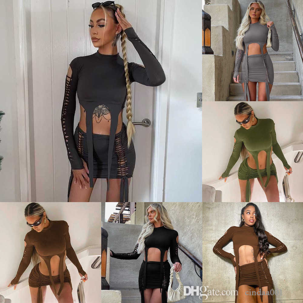 

Women Two Piece Dress Designer Sexy Fashion 2022 Autumn New Hole Long Sleeve Tops Fit Short Skirt Sets, Gray