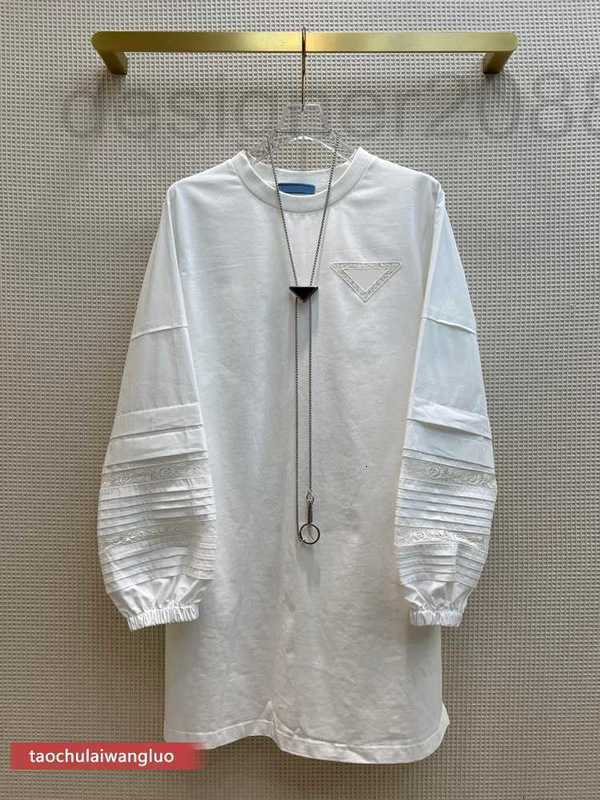 

Casual Dresses designer Leisure Simple Lazy Lace Stitching Bubble Sleeve T-shirt High end Women' SQUN, White