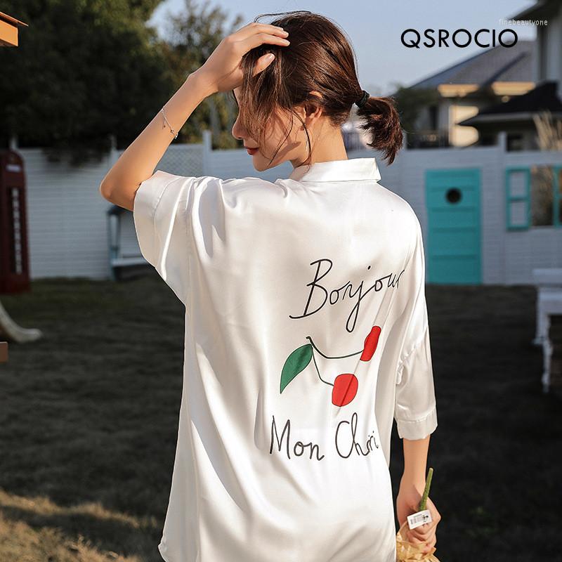 

Women's Sleepwear QSROCIO Summer Women's Pajamas V Neck Fashion Cherry Letter Sleepdress Nightie Silk Like Leisure Home Clothes Shirt