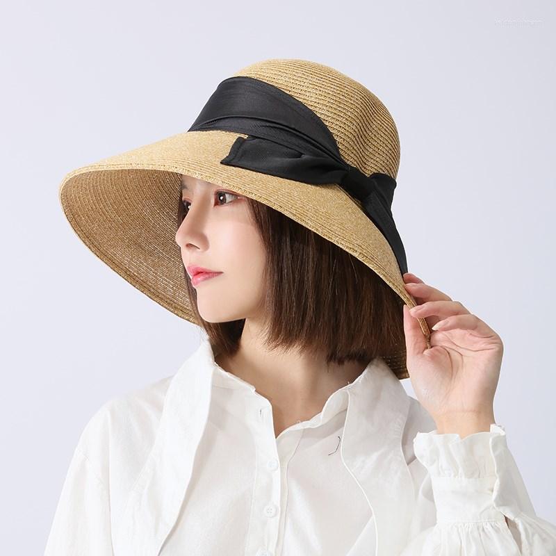 

Wide Brim Hats Summer Women Sun Hand Made Straw Hat Female Ribbon Bow-knot Beach Casual Uv Protection Cap, White