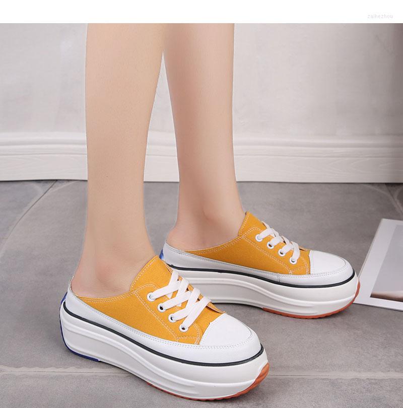 

Slippers 2022 Summer Half Baotou Without Heel Inside Increase Women's Sneakers Outdoor Canvas Walking Shoes Women, Black