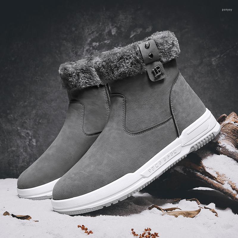 

Boots Winter Mid Cut Men's With Warm Fur Trendy Outdoor Side Zipper Retro Lace Up Casual Shoes, Black