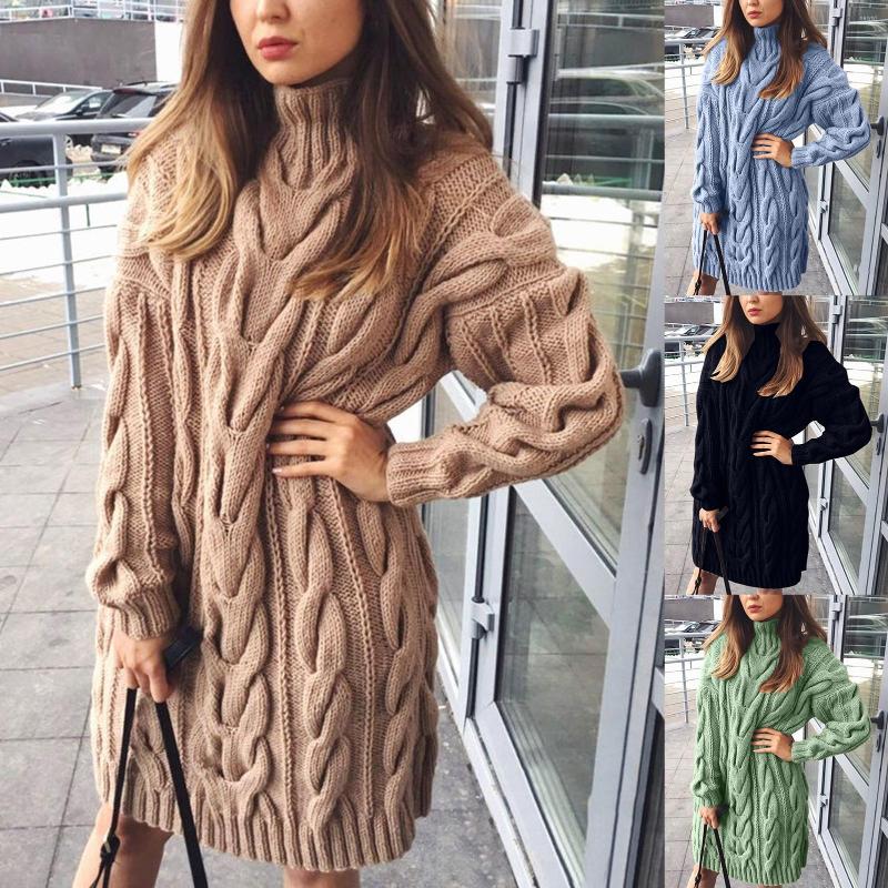 

Casual Dresses Women' Dress Autumn Winter Long Sleeve Turtleneck Twist Knitted Sweater Mini Warm For Year 2022, Green