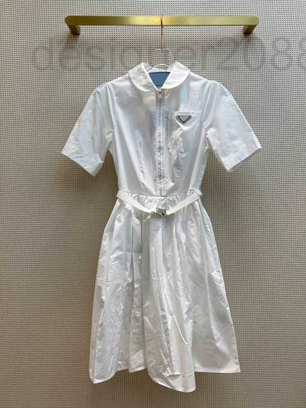 

Casual Dresses designer college style shirt dress casual simple waist crimping short sleeve long skirt summer high end S04T, White