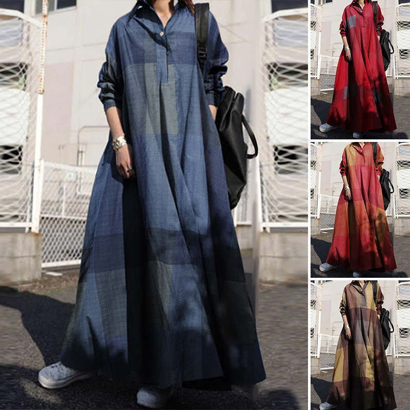 

Casual Dresses ZANZEA Vintage Button Shirt Dress Women s Autumn Sundress Long Sleeve Maxi Vestido Female Bagyy Robe Femme 221125, B red