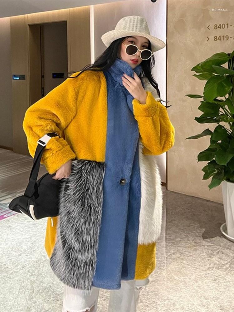 

Women's Fur 2022 Winter Fashion Trend Faux Woman Jacket Coat Contrasting Color Splicing Lapel Warm Coats, Yellow
