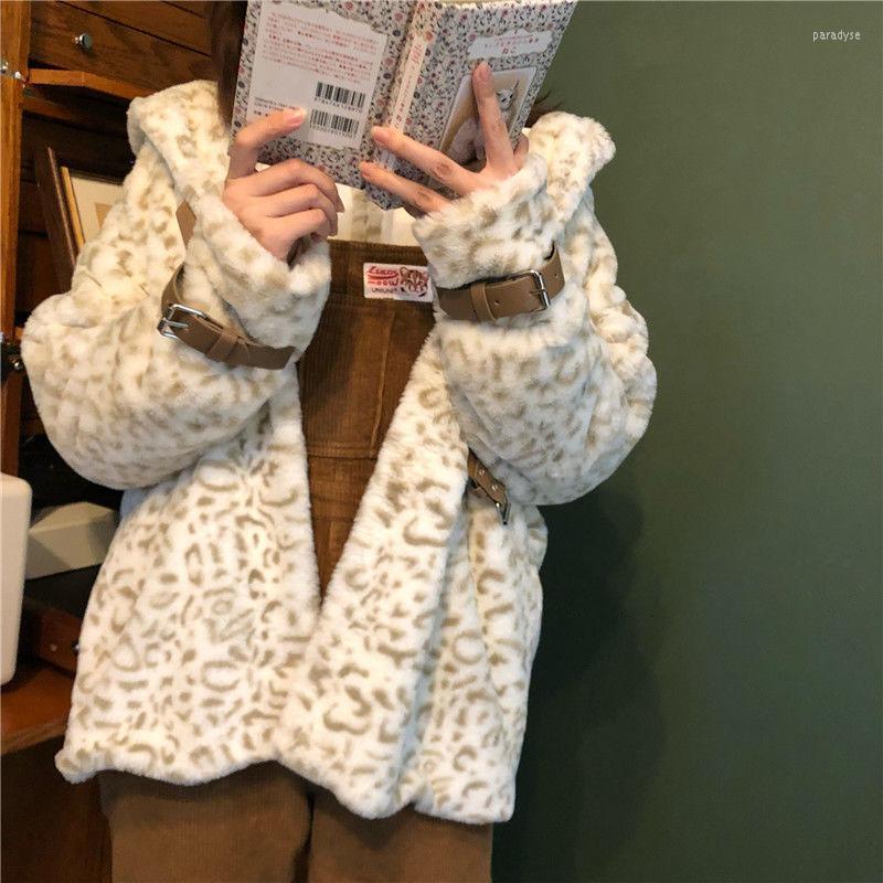 

Women' Fur HSTAR Winter 2022 Women Loose Coat Leopard Print Cap Thick Thermal Female Overcoat Wool Slim Fit Jacket, W1