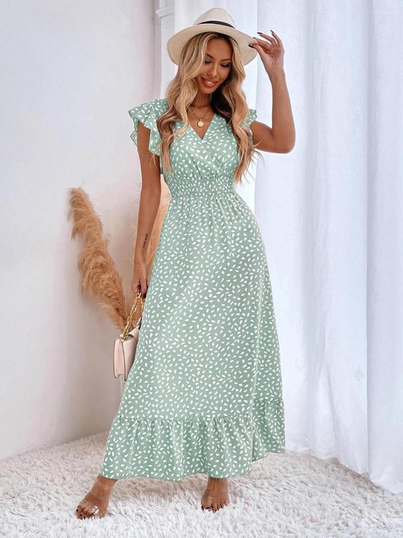 

Casual Dresses Ruffled Maxi For Women Summer Long Printed Dress Ladies Elastic High Waist Green Black Party Oufit Female Fashion, Khaki