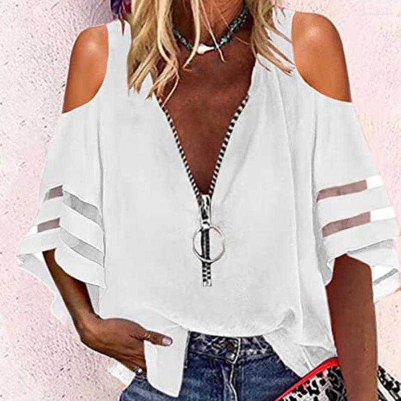 

Women's Blouses Fashion Lace Blouse Lady Shirt V Neck Patchwork Loose Fit Off Shoulder Ladies Tops Female Clothing Streetwear, White