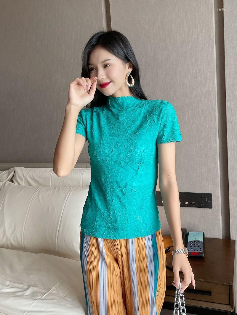 

Women's T Shirts Women's T-Shirt Miyake Pleated Women's Simple Blouse Turtleneck Slim Fit Chaotic Handcraft TopWomen's, Picture color