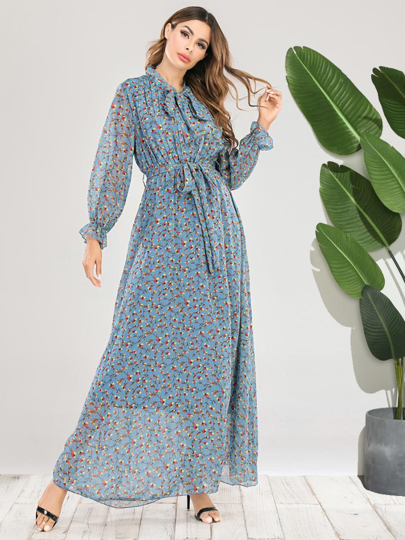 

Casual Dresses Plus Size Dress Womens Clothing Long Sleeve Printed Chiffon Slim Fit Floral Print Beach Bohemian 2022, Bleu