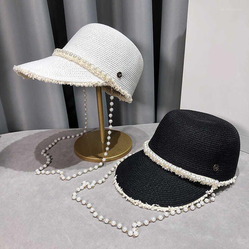 

Wide Brim Hats 2022 Fashion Pearl Chain Burr Straw Hat Women's Temperament Equestrian Baseball Cap Summer Travel Sun Visor Beach, White
