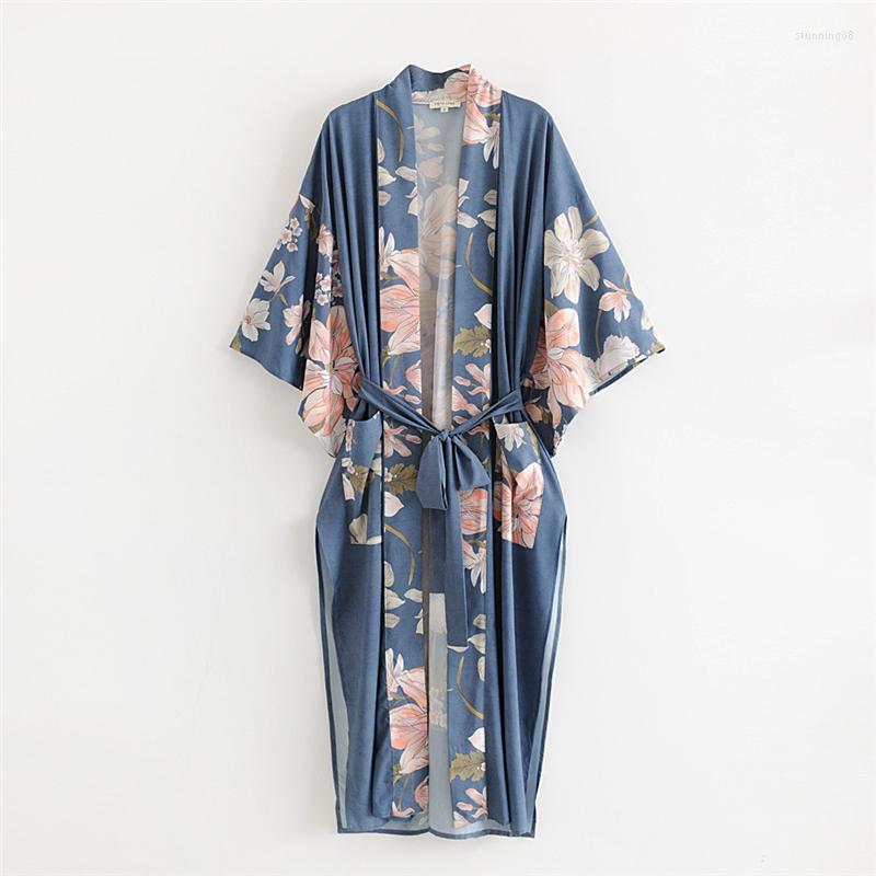 

Women' Sleepwear Wholesale High Quality Mid-Length Nightgown Floral Print Blue Kimono Nightdress For Fall 2022 Ladies Lace Bathrobe, Color1