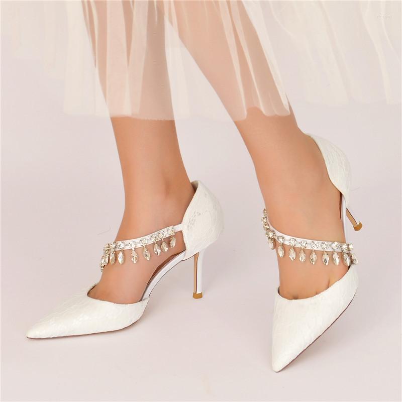

Dress Shoes High Heels Lace Crystals Wedding For Bride Pointed Toe Slip On Evening Formal Party Pump, Black