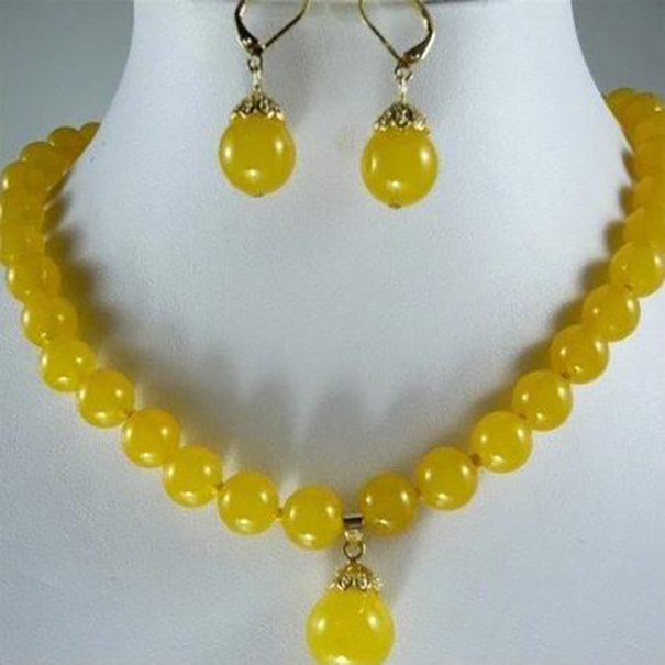 

Beautiful Jewellery natural 10mm yellow jade necklace 18"earring set