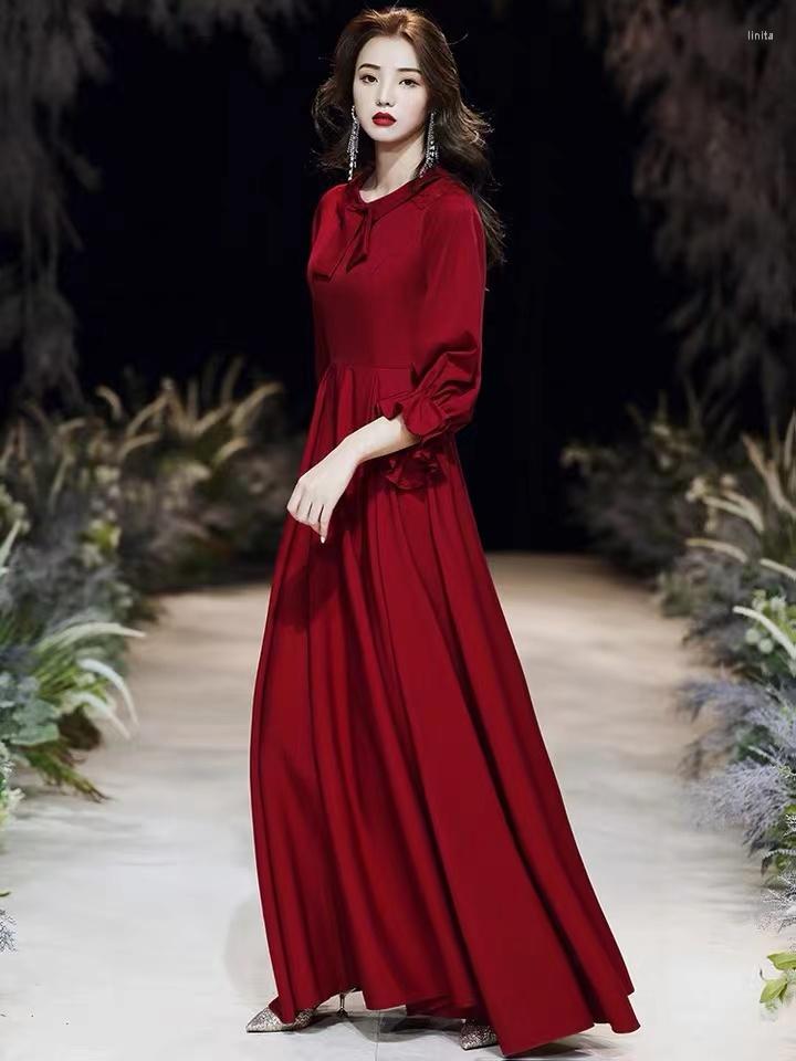 

Casual Dresses High Street Evening For Women 2022 In Solid Empire A-LINE Dress Sexy Ruffle Long Sleeves Slim Fit Clothing, Burgundy
