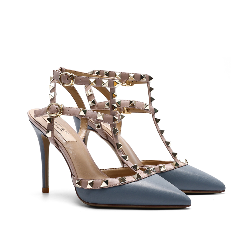 

2022 Women Stud Sandals Buckles 8cm High Heels Dress Shoes Patent Leather Point Toe Two Ankle Ladies Sexy Rivets Neon Color