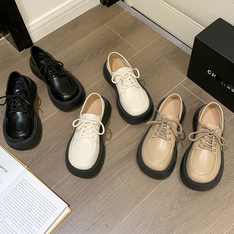 

Small leather shoes female British style 2022 new spring/summer student big head vintage black lacing platform increase jk single shoes