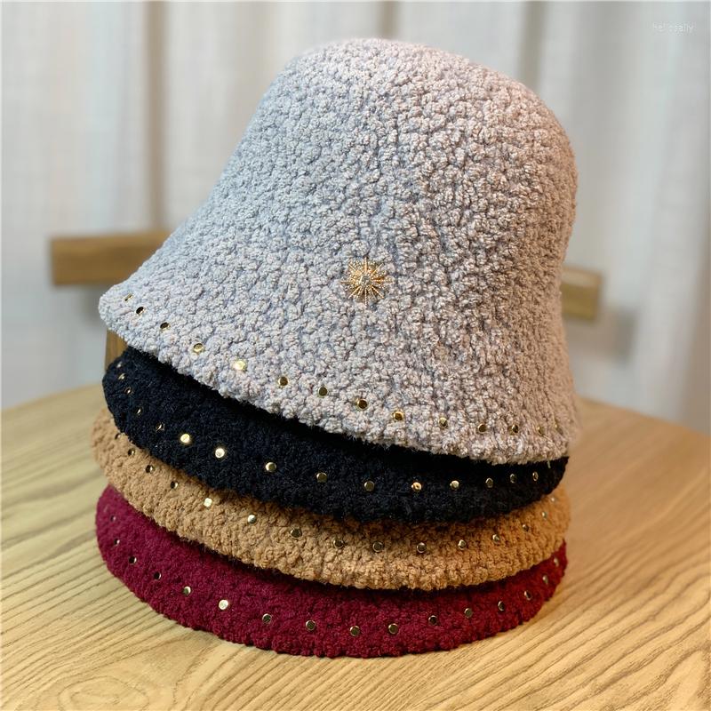 

Berets Autumn Winter 6 Colors Bucket Hats Women Luxury Rhinestone Rivet Sun Hat All Match Solid Street Fisherman Caps 54-60cm, Black