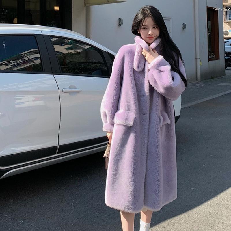 

Women's Fur 2022 Women's Coat Korean Chic Lamb Wool Mid-length Stand Collar Thick Autumn Winter Warm Solid Color Overcoat, Milk purple short