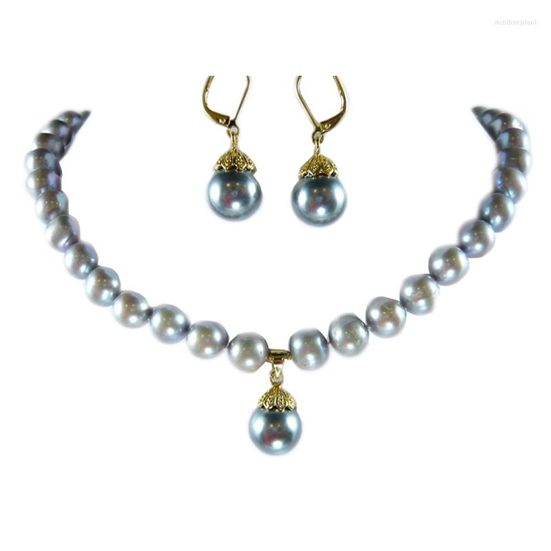 

Necklace Earrings Set Fashion Jewelry Natural Freshwater Pearls Gray Silver Beads Green Stone Classic Accessories For Women, Picture shown