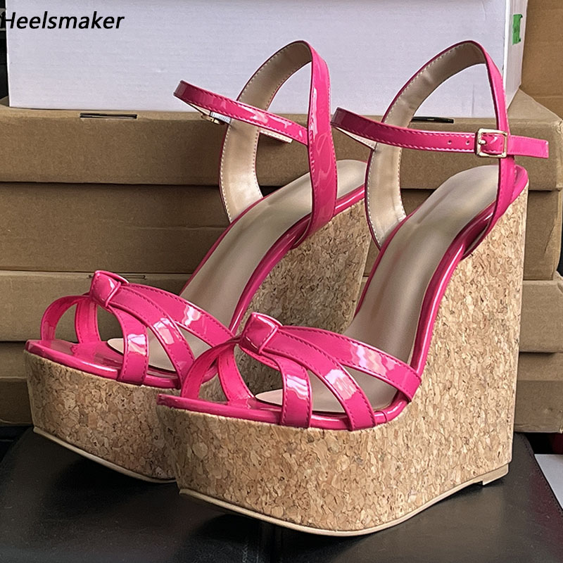 

Heelsmaker Handmade Women Platform Sandals Wedges Heels Round Toe Beautiful Fuchsia Party Shoes Ladies US Plus Size -20, E0406 black