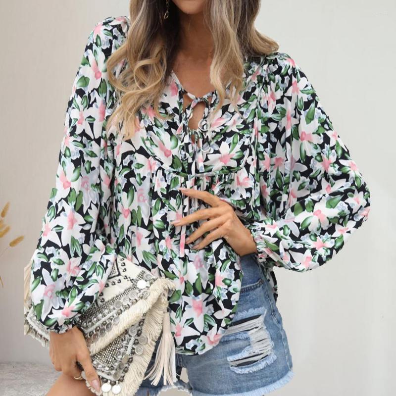 

Women' Blouses Summer Shirt U Neck Breathable Long Lantern Sleeves Sexy Lace-up Leisure Wear Pullover Floral Printed Loose Women Blouse, Blue