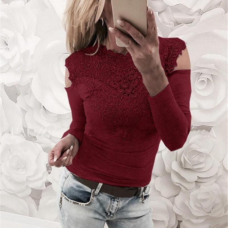 

Women's Blouses Casual Women Blouse Lace Neck Long Sleeve Slim Fit Off Shoulder Stitching Women's Clothing Fmeale Streetwear, White