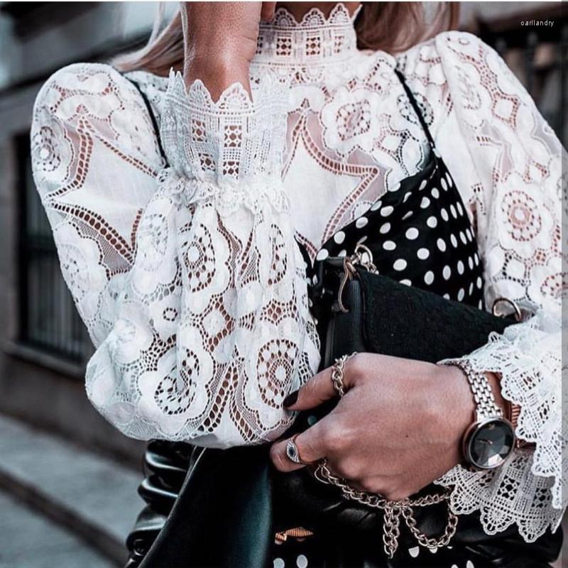

Women' Blouses Women' & Shirts Women' Elegant Cut Out Translucent Horn Long Sleeve Slim Sexy Summer White Lace Shirt Women And