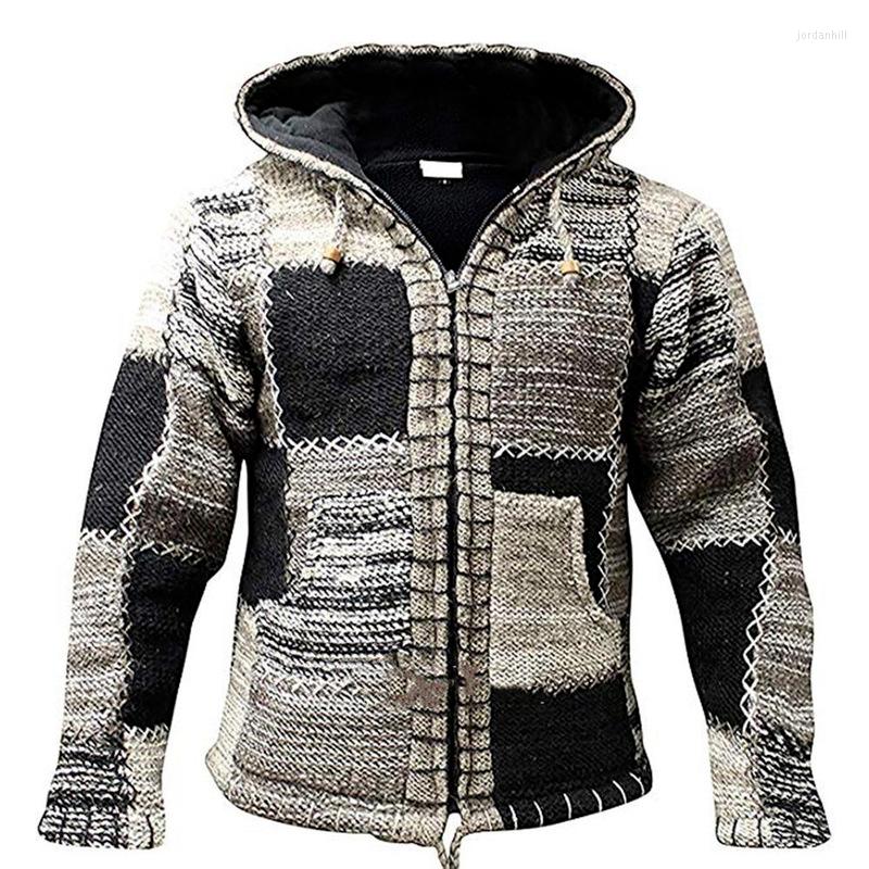 

Men' Jackets Fashion Men' Knitted With Hooded Plaid Patterned Autumn Patchwork Hoodies Casual Youth Sweater Cardigan, Picture