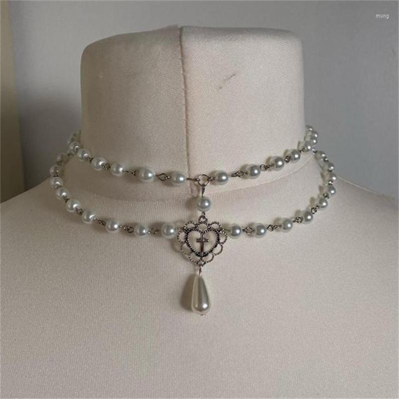 

Choker Victorian Fairy Core Cross Beaded Chain Double Layered Rosary Necklace With Pearl Water Drop And Beautiful Crucifix Heart Charm