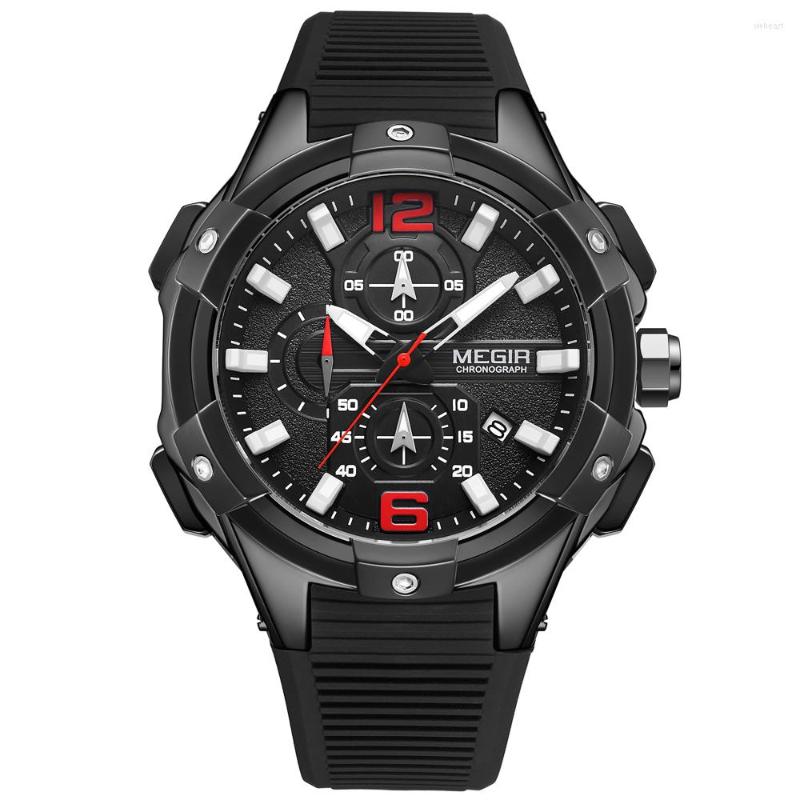 

Wristwatches MEGIR Fashion Men's Multifunctional Business Hand Calendar Waterproof Silicone Sports Watches Relogio Masculino 2161G, Black