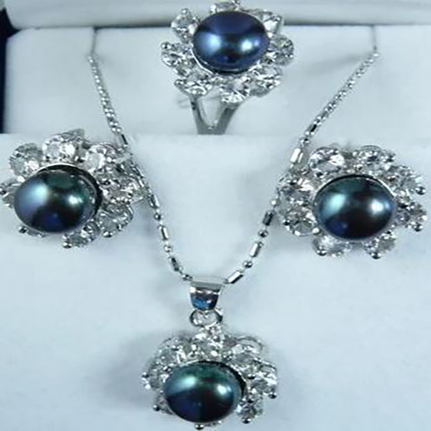 

dark blue shell pearl plated Necklace pendant earring and ring jewelry set 7-9#