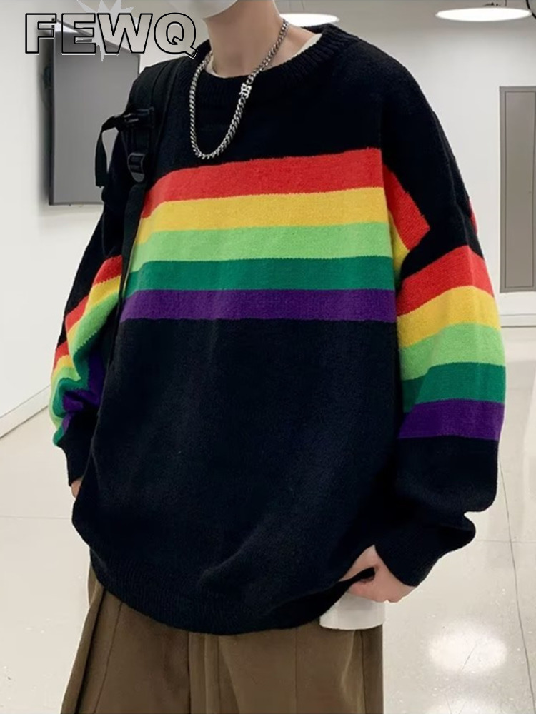 

Men's Sweaters FEWQ Male Rainbow Stripe Sweater Autumn American Fashion Couple Loose Round Neck Knitwear Men's Spliced Pullovers 24A848 221128, White