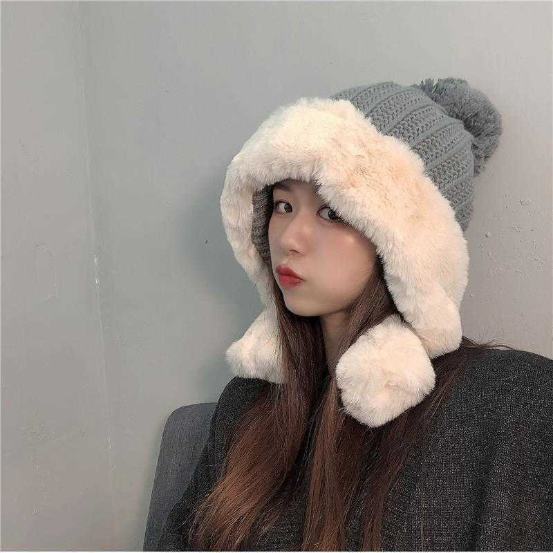 

Cloches Korean lovely Lei Feng hat children's ear protection in autumn and winter warm Plush thickened knitting winter snow ball wool hat, Grey lei feng hat (with ball)