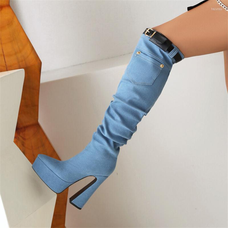 

Boots Denim Women's Knee Length Autumn Winter Short Plush Waterproof Platform Female Pointed 9.5cm High Heels 34-43, Hc68-8white