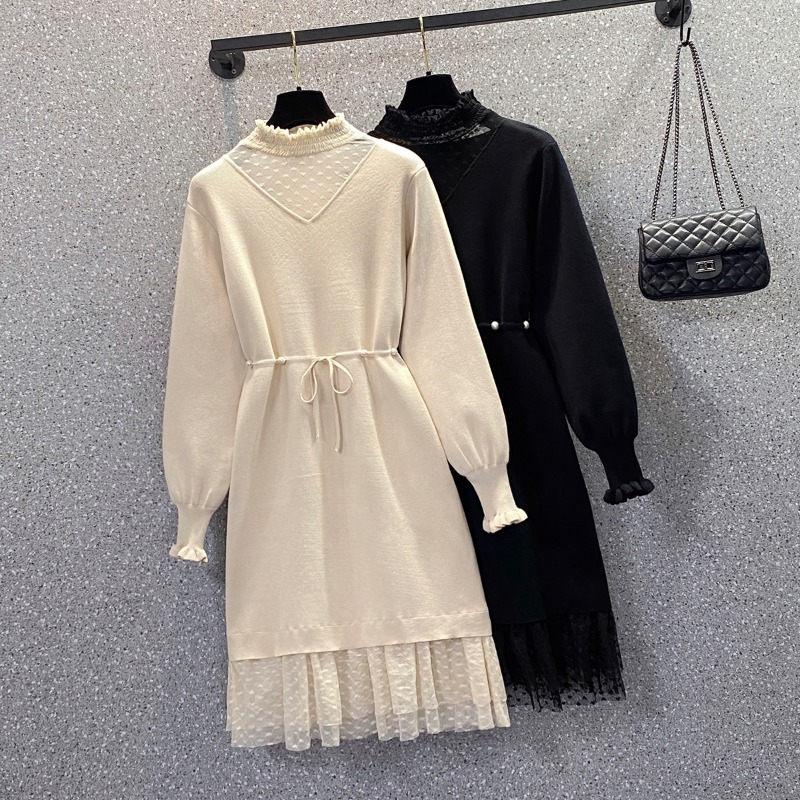 

Casual Dresses Sweater Dress Autumn Women's Clothing 2022 Plus Size Mesh Spliced Knitted O-Neck Long Sleeve Solid Slim Midi Top M836, Black