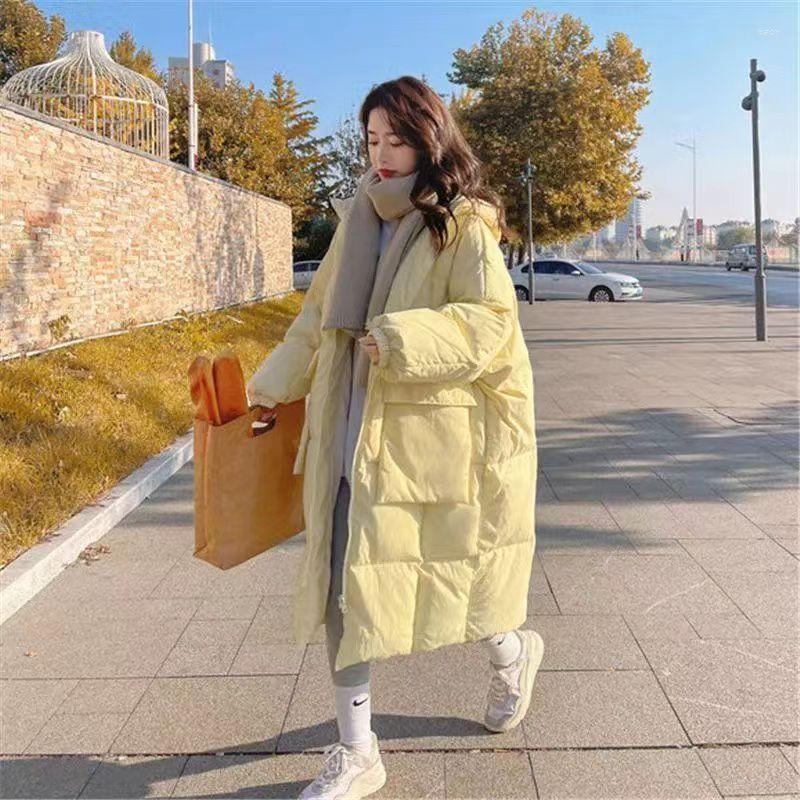 

Women's Down Women's Clothing Yellow Hooded Jacket Long Loose Cotton Coat Winter Korean Fashion Windproof Warm Big Pocket Thicken Tops, Black