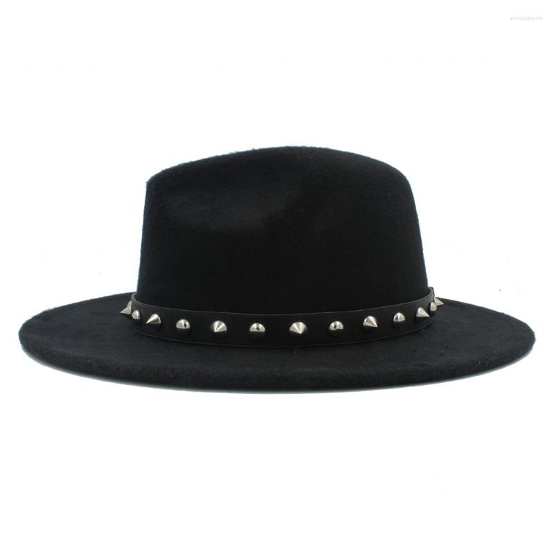 

Berets Retro Wool Women Men Outback Fedora Hat Winer Autumn Wide Brim Jazz Godfather Cap With Punk Rivet Ribbon Size 56-58CM S18, Black