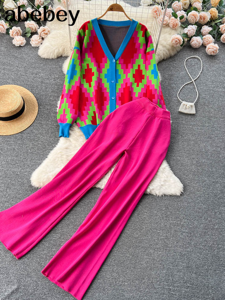 

Women s Two Piece Pants 2 Pieces sweater Set Women Tracksuit V neck Sweater Cardigan loose Trousers CHIC Pullover Sweater Knitted Carrot pants 221125, Rose red