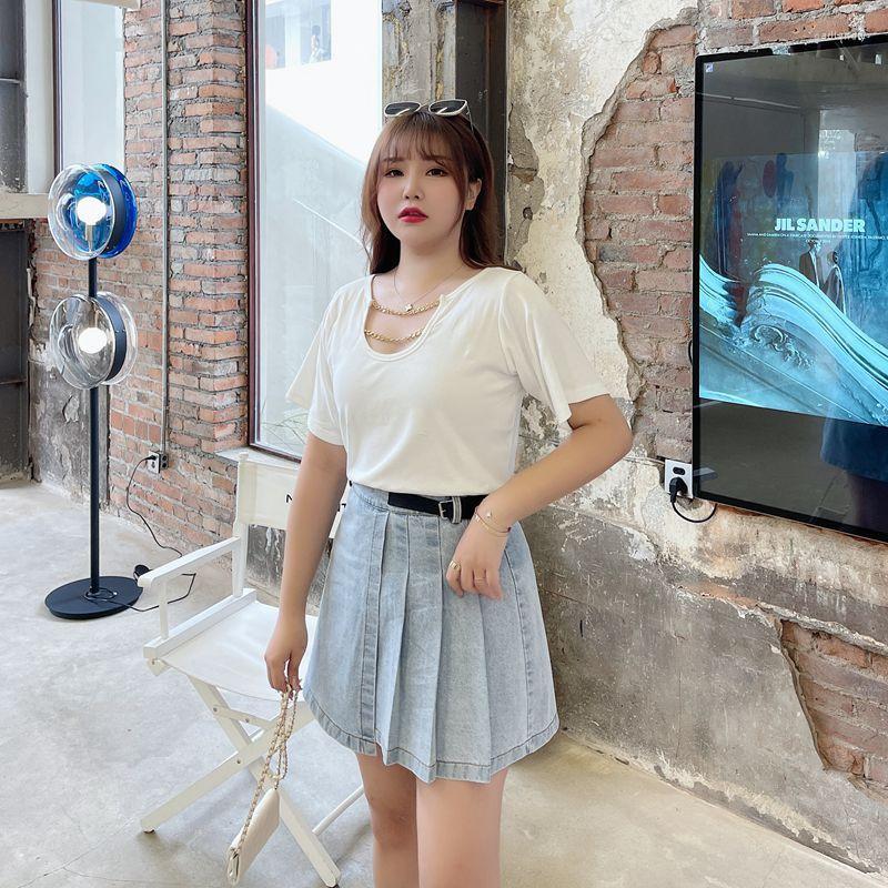 

Women's T Shirts Women's T-Shirt Plus Size Women's Style Korean Round Neck Solid Color Hollow Chain Thread Short-sleeved, White