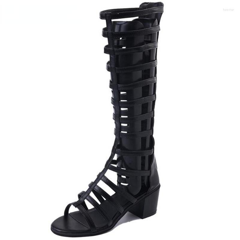 

Sandals Comemore 2022 Gladiator Women Summer Shoe Square Heel Knee High Boots Open Toe Back Zip Woman Black Shoes Heels Sandal