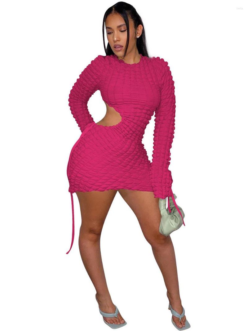 

Casual Dresses Szkzk Sexy Hollow Out For Women 2022 Long Sleeve O Collar Drawstring Night Club Wear Outfits Party Mini Bandage, Khaki
