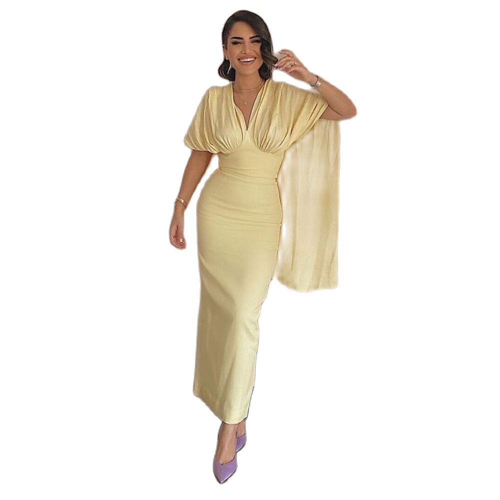 

Simple Lemon Yellow Tight Prom Dresses Cape Sleeves V Neck Evening Party Gowns Ankle Length Dubai Formal, Green
