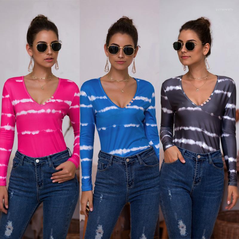 

Women' T Shirts Retro Long-Sleeved T-Shirt Women' Tie-Dye Print 2022 Autumn Top V-Neck Button Fashion European And American High, Gray
