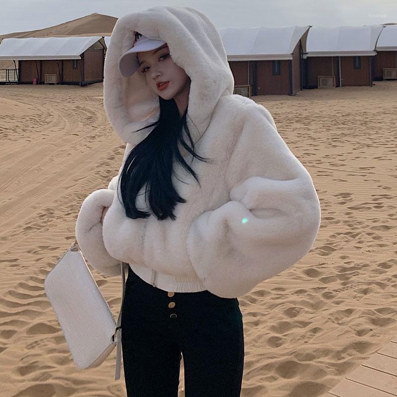 

Women's Fur Furry Coat For Women Faux Cropped Jacket Short Artificial Hooded Warm Winter White Clothes Overcoat, Black
