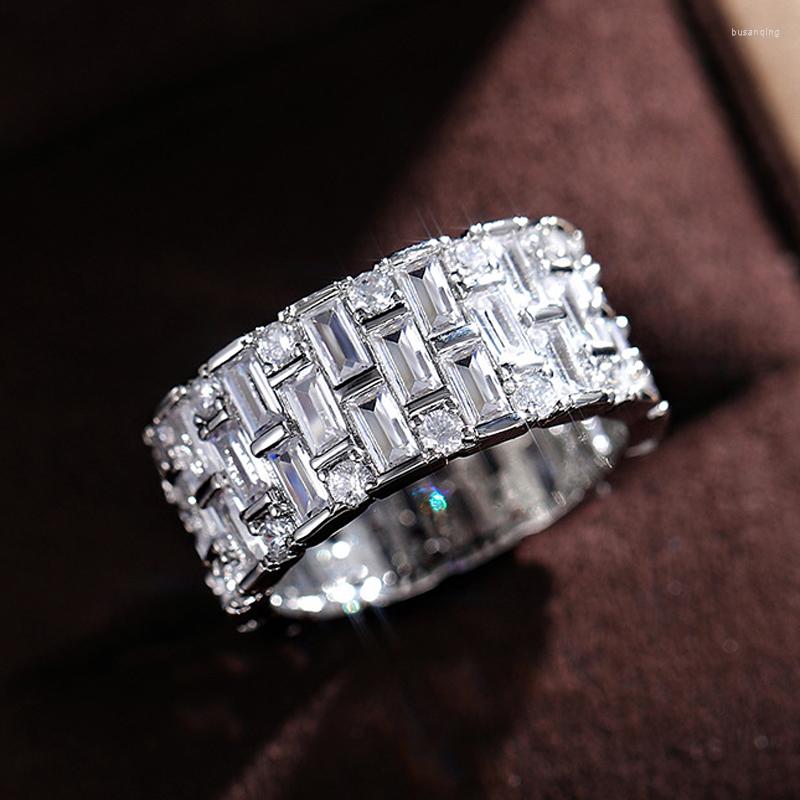 

Wedding Rings Charm Geometric Silver Color Women CZ Baguette And Round Mix Shaped Pave Bridal Fashion Jewelry